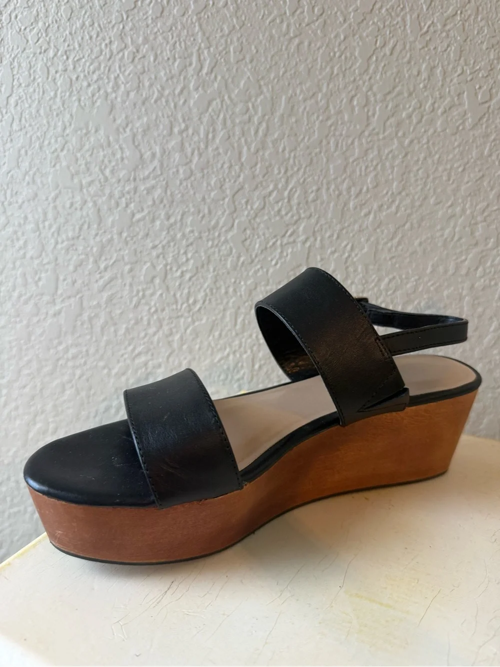 J. Jill Black Leather Platform Sandal with Wood-Tone Wedge